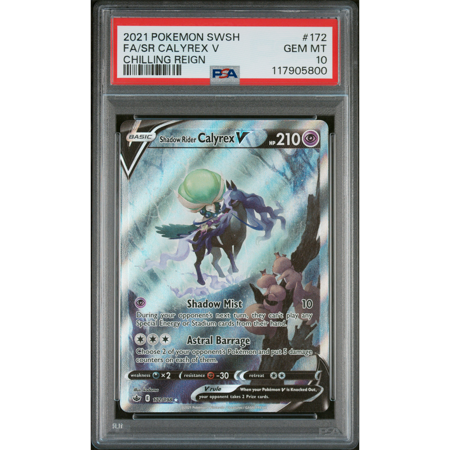 CHILLING REIGN FULL ART SHADOW RIDER CALYREX V #172 PSA 10